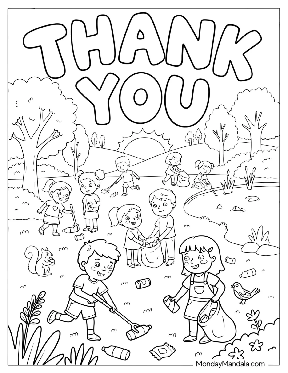 Large Thank You Over Kids Cleaning Up a Park coloring page