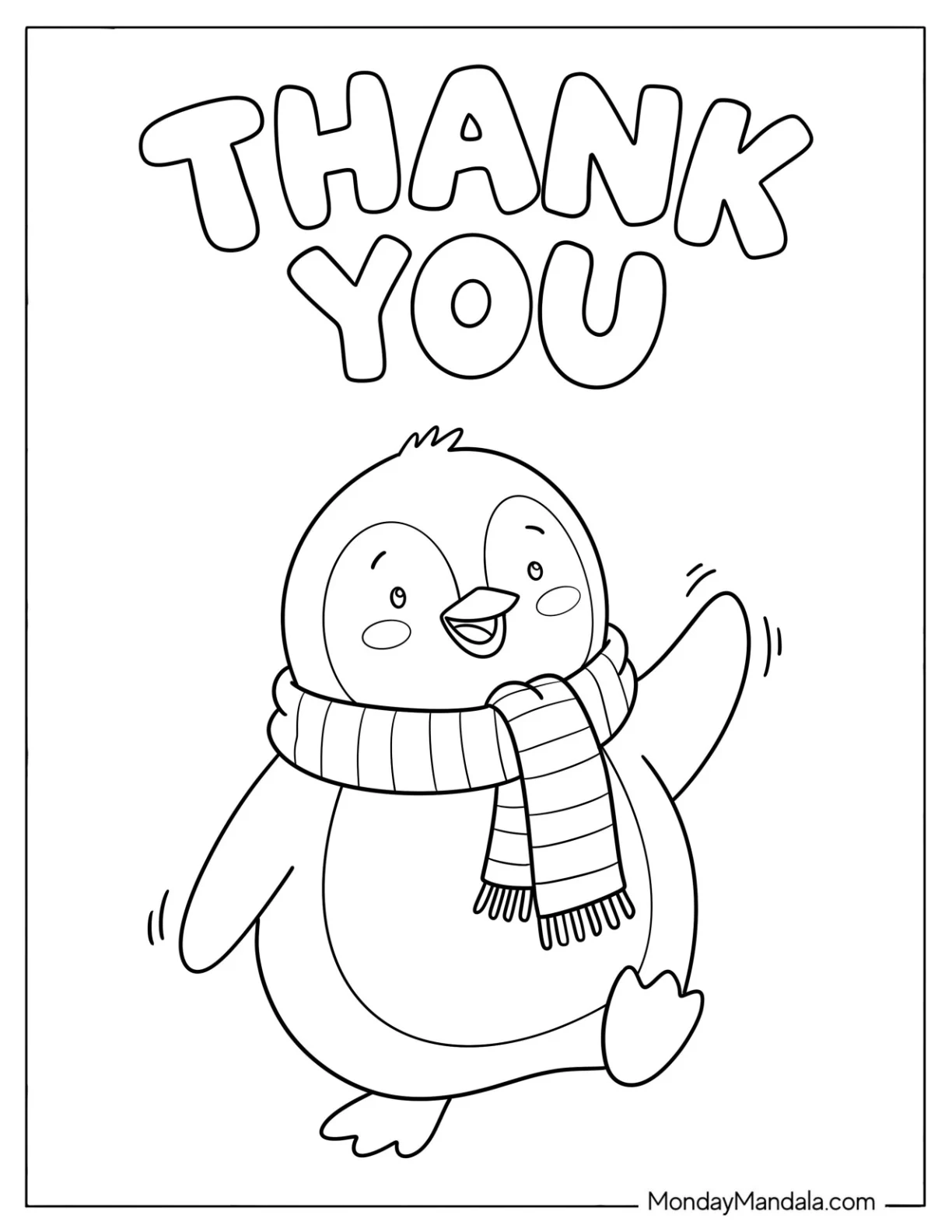 Penguin with Scarf and Thank You Text Coloring Sheet coloring page