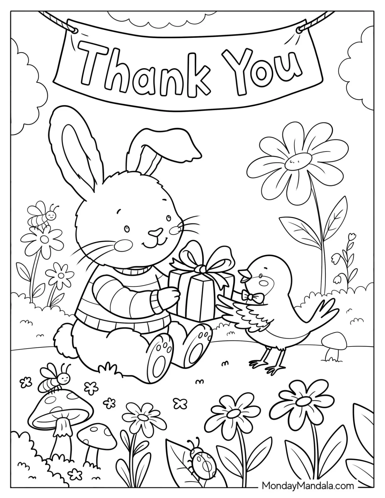 Rabbit Giving Present to a Bird Coloring Page coloring page