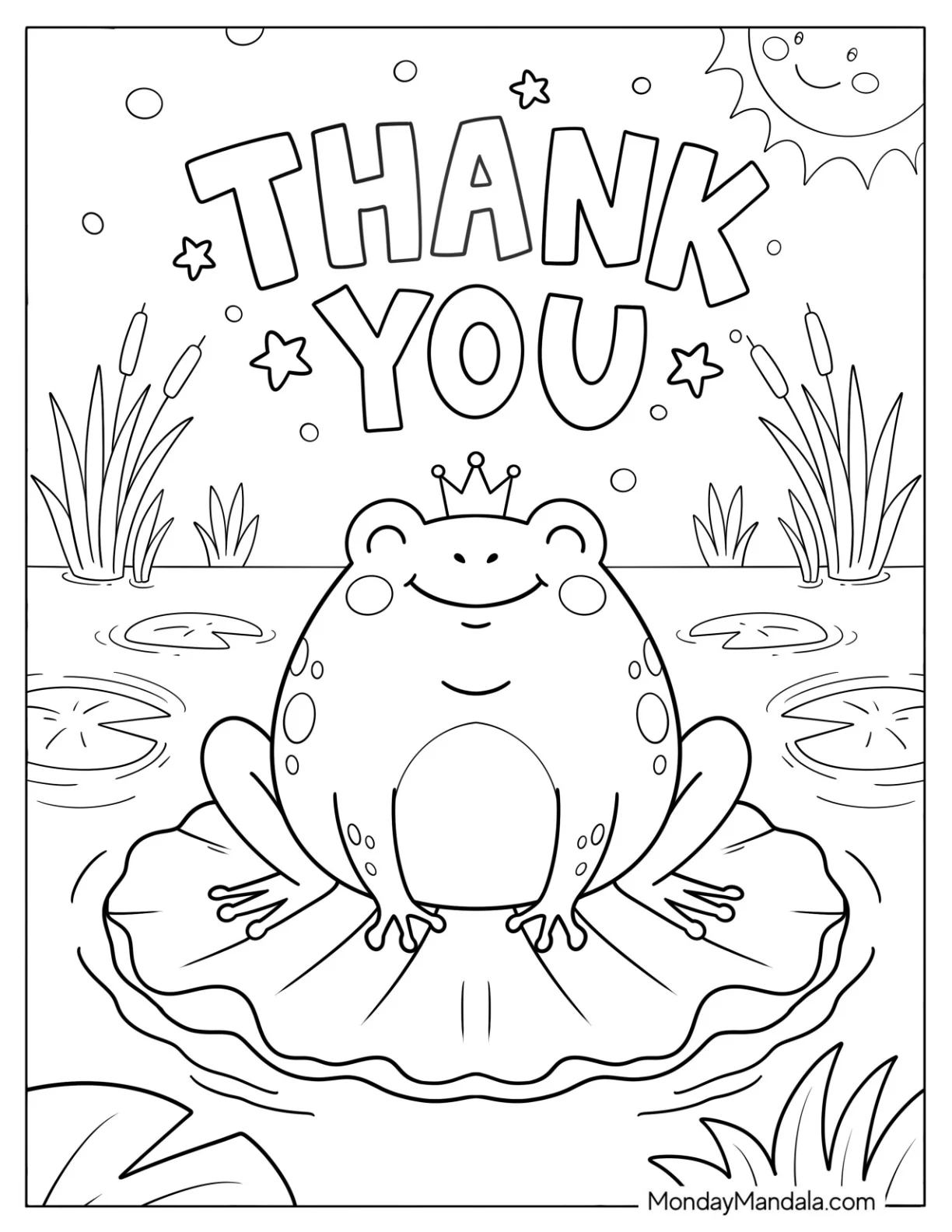 Simple Thank You Over a Frog on a Lily Pad Coloring Sheet for Kids coloring page — printable line art
