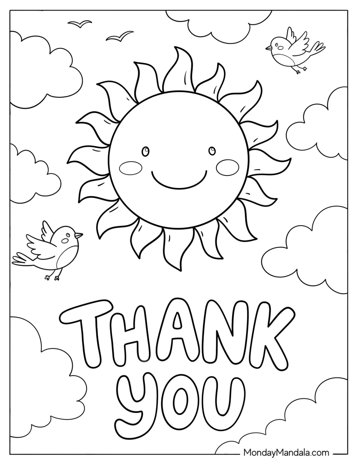 Smiling Sun in the Sky with Thank You Text Coloring Sheet for Kids coloring page