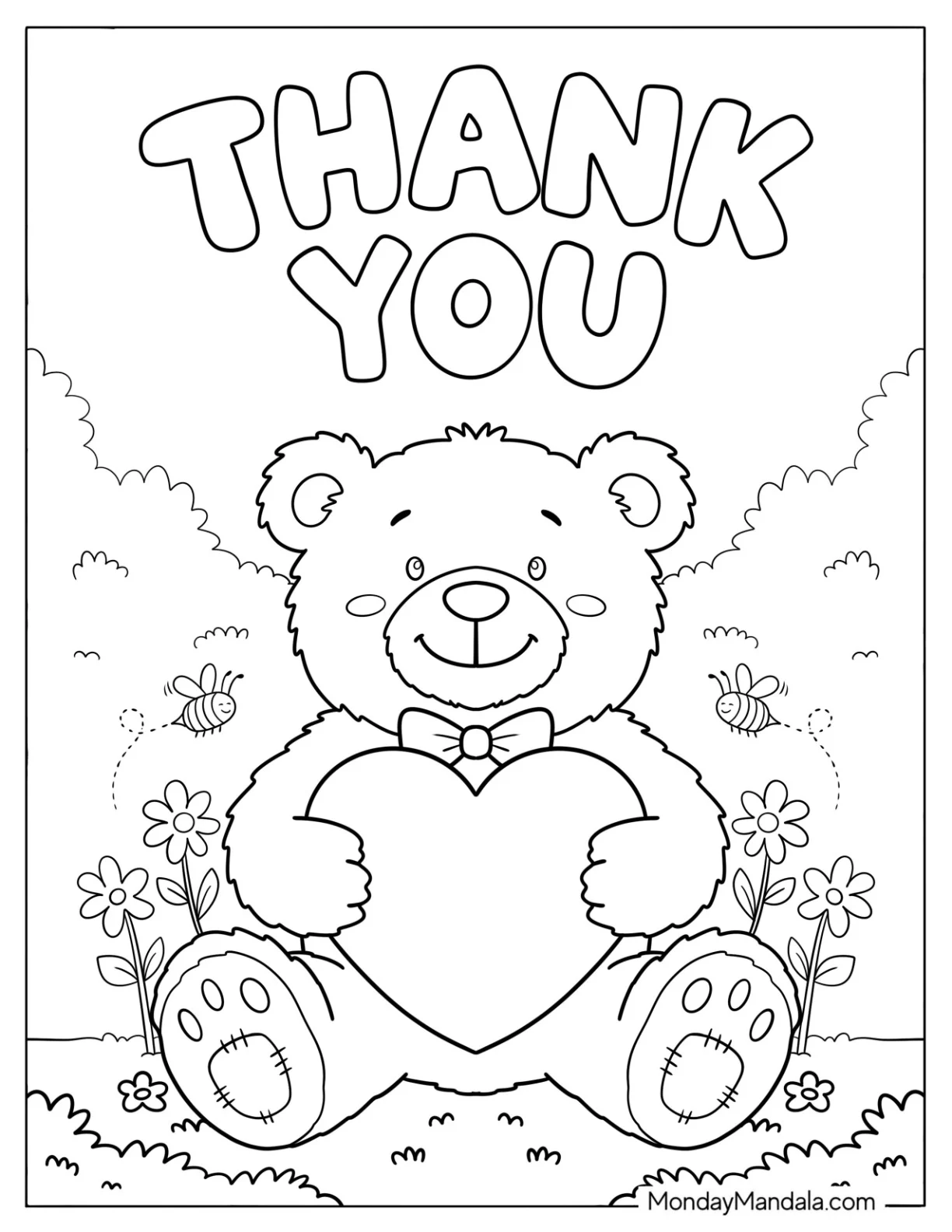 Teddy Bear in the Garden with Thank You Text Coloring Sheet for Kids coloring page