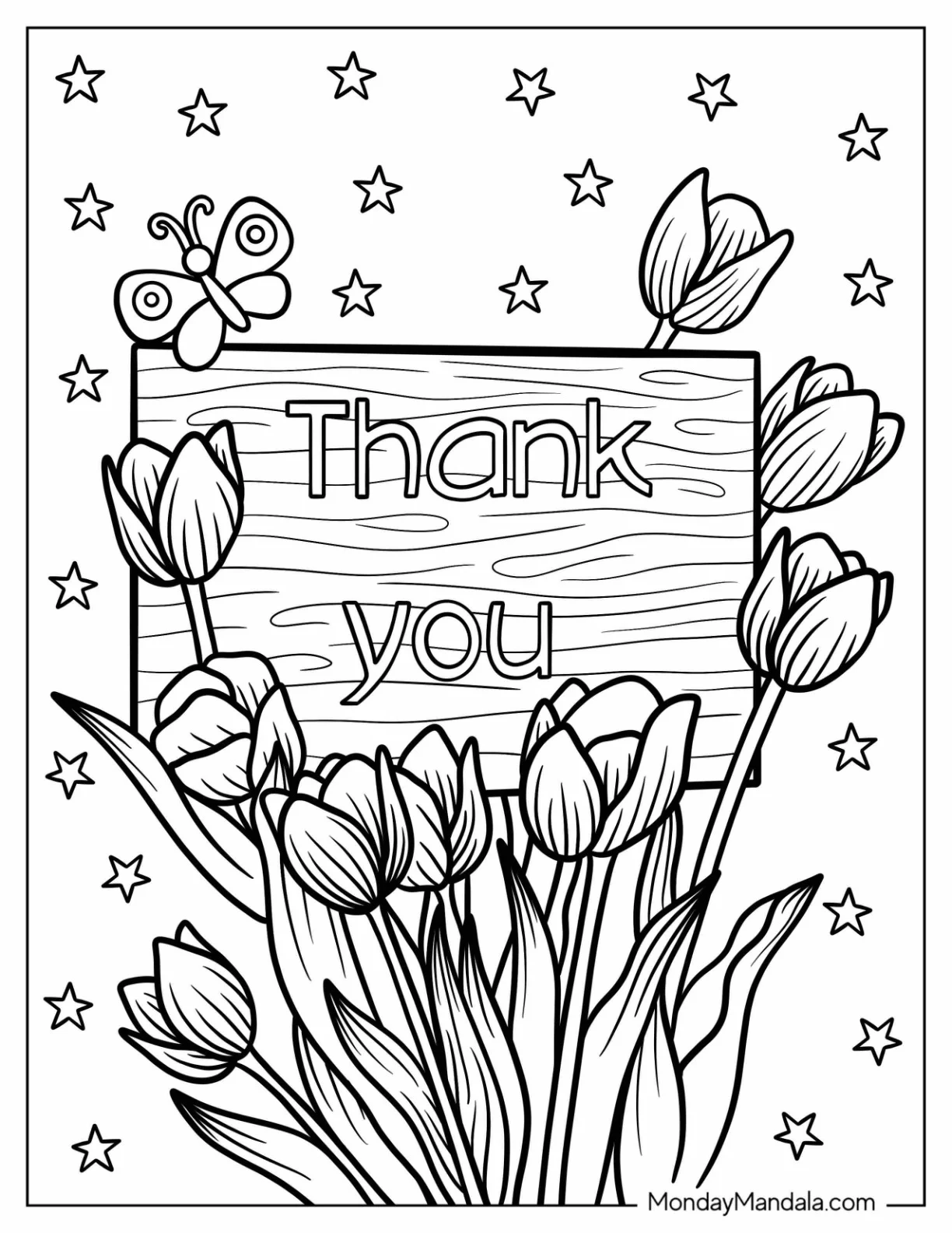 Thank You Coloring Page Wood Sign With Tulips coloring page