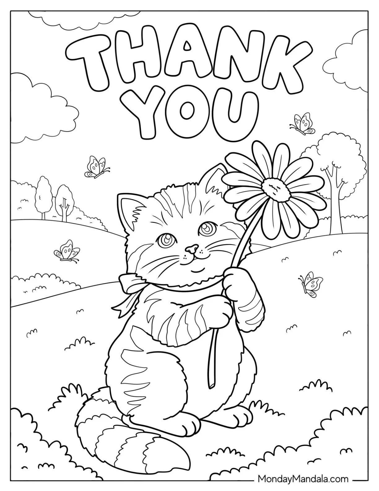 Thank You Text Over a Pretty Kitten Holding a Flower in a Park coloring page