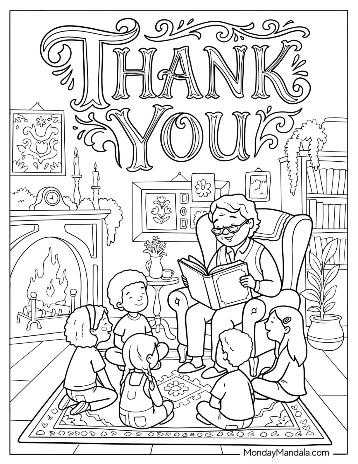 Thank You Text Over Grandpa Reading to Children coloring page