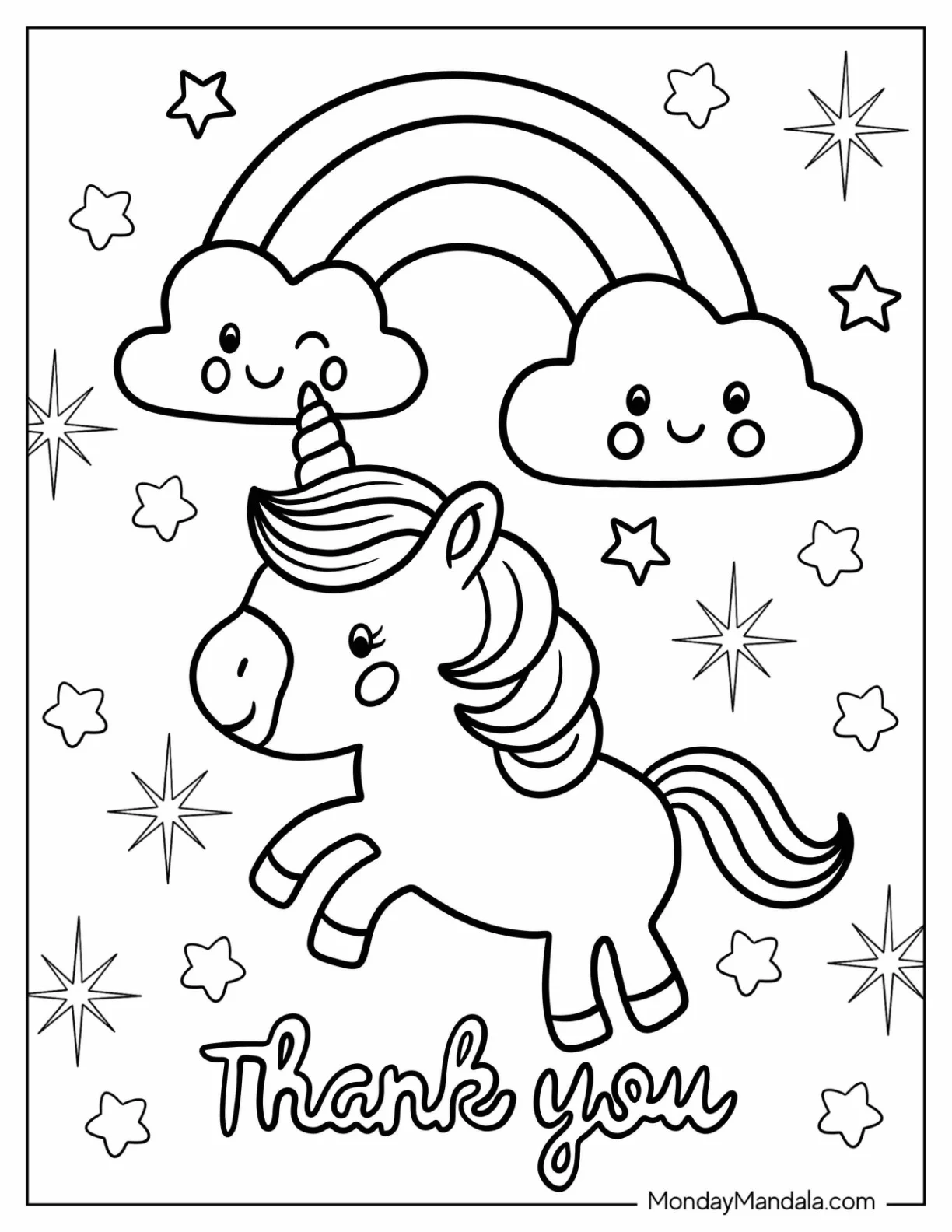 Unicorn And Clouds With Rainbows Thank You Coloring Page For Preschoolers coloring page