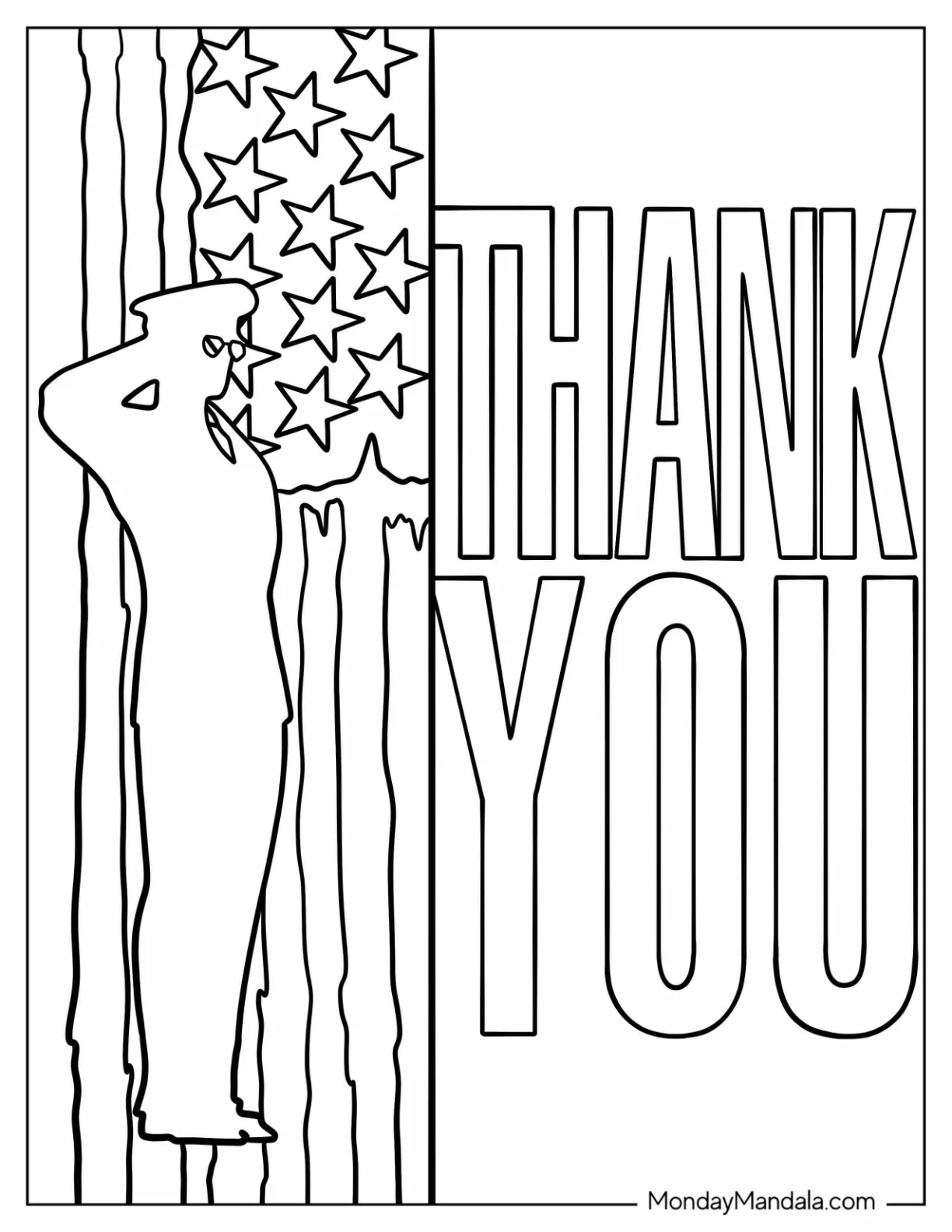 Veteran Soldier With American Flag Thank You Coloring Page coloring page — printable line art