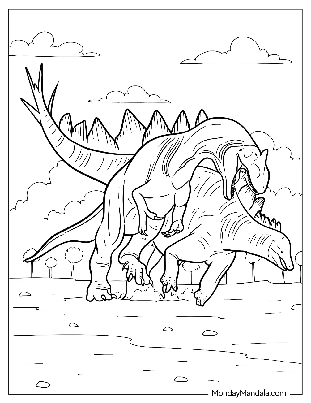 Allosaurus Coloring Page Fighting Stegosaurus coloring page — printable line art