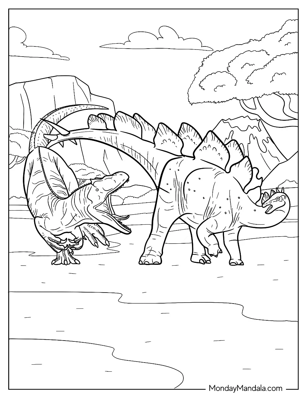 Allosaurus Coloring Page Roaring At A Stegosaurus coloring page