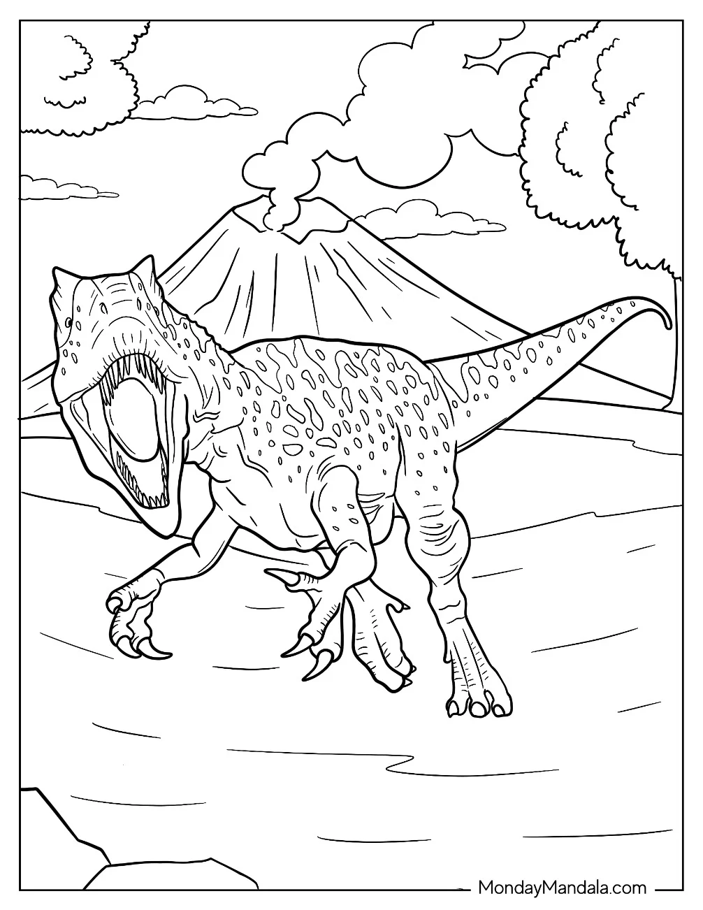 Allosaurus Coloring Page Running In Front Of A Volcano coloring page