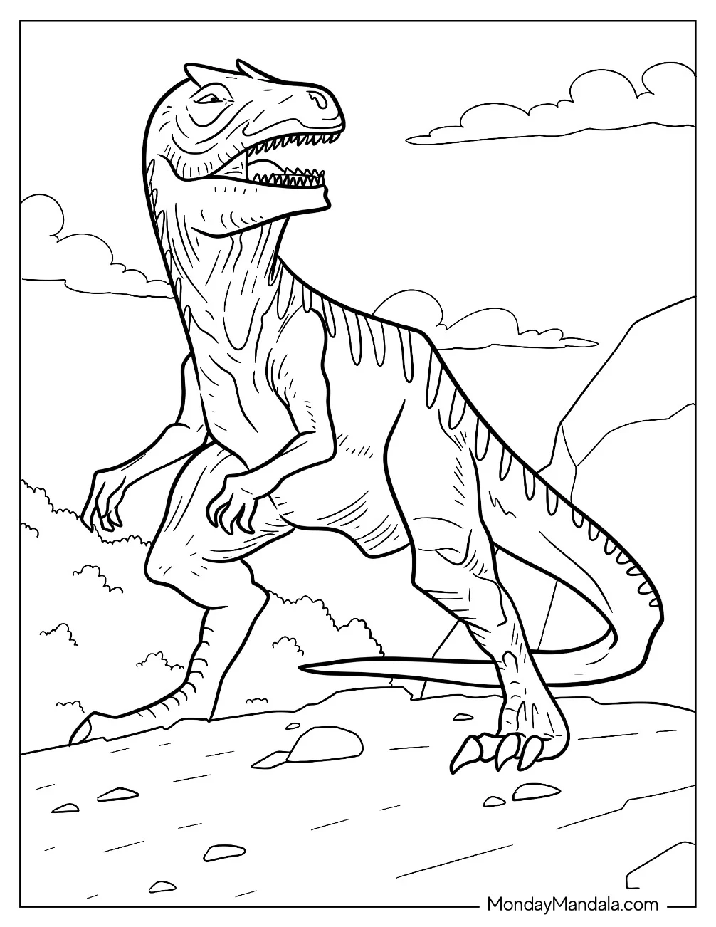 Allosaurus Coloring Page Standing On Rocks coloring page — printable line art