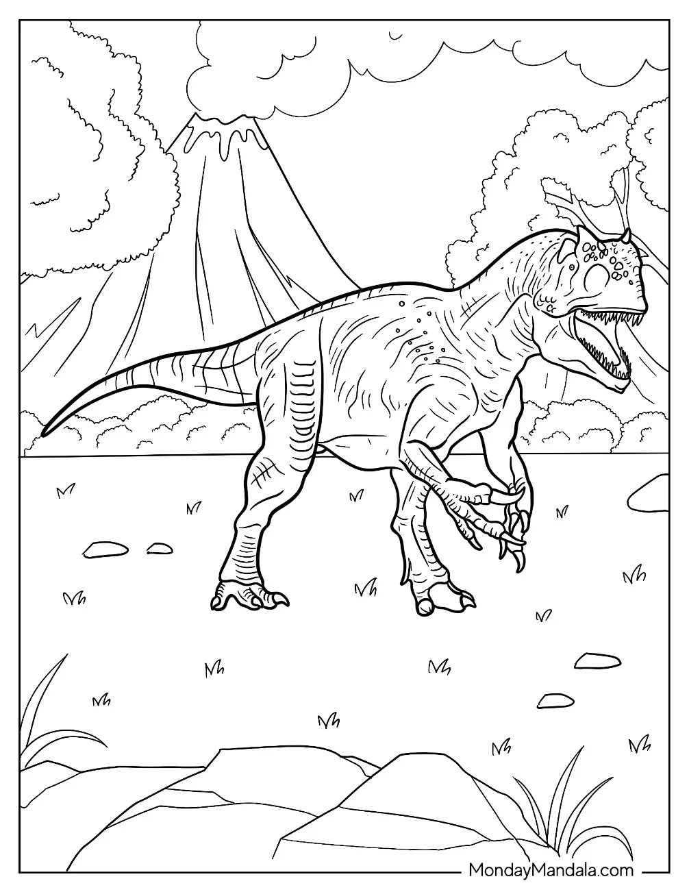 Allosaurus Coloring Page With Textured Skin In Front Of A Volcano coloring page
