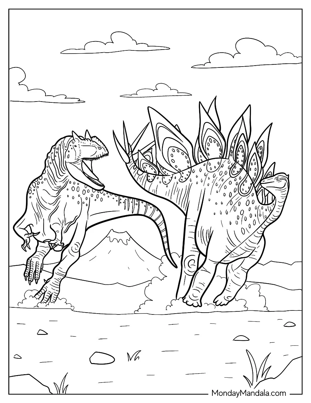 Detailed Stegosaurus Fighting An Allosaurus Coloring Page coloring page