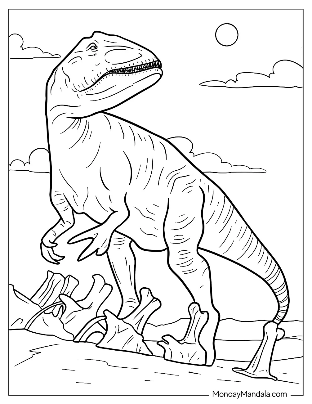 Large Allosaurus Coloring Page With Skeletons On The Ground coloring page