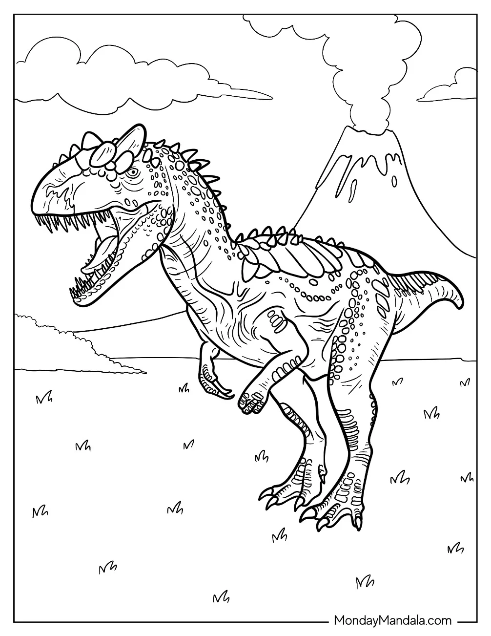 Scaly Allosaurus Coloring Page Running With Volcano In The Background coloring page