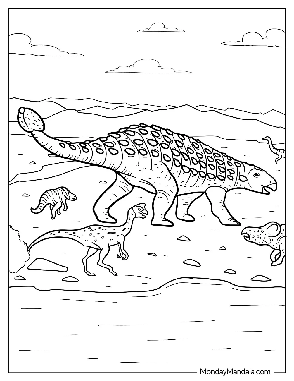 Ankylosaurus Coloring Page Surrounded By Smaller Dinosaurs coloring page