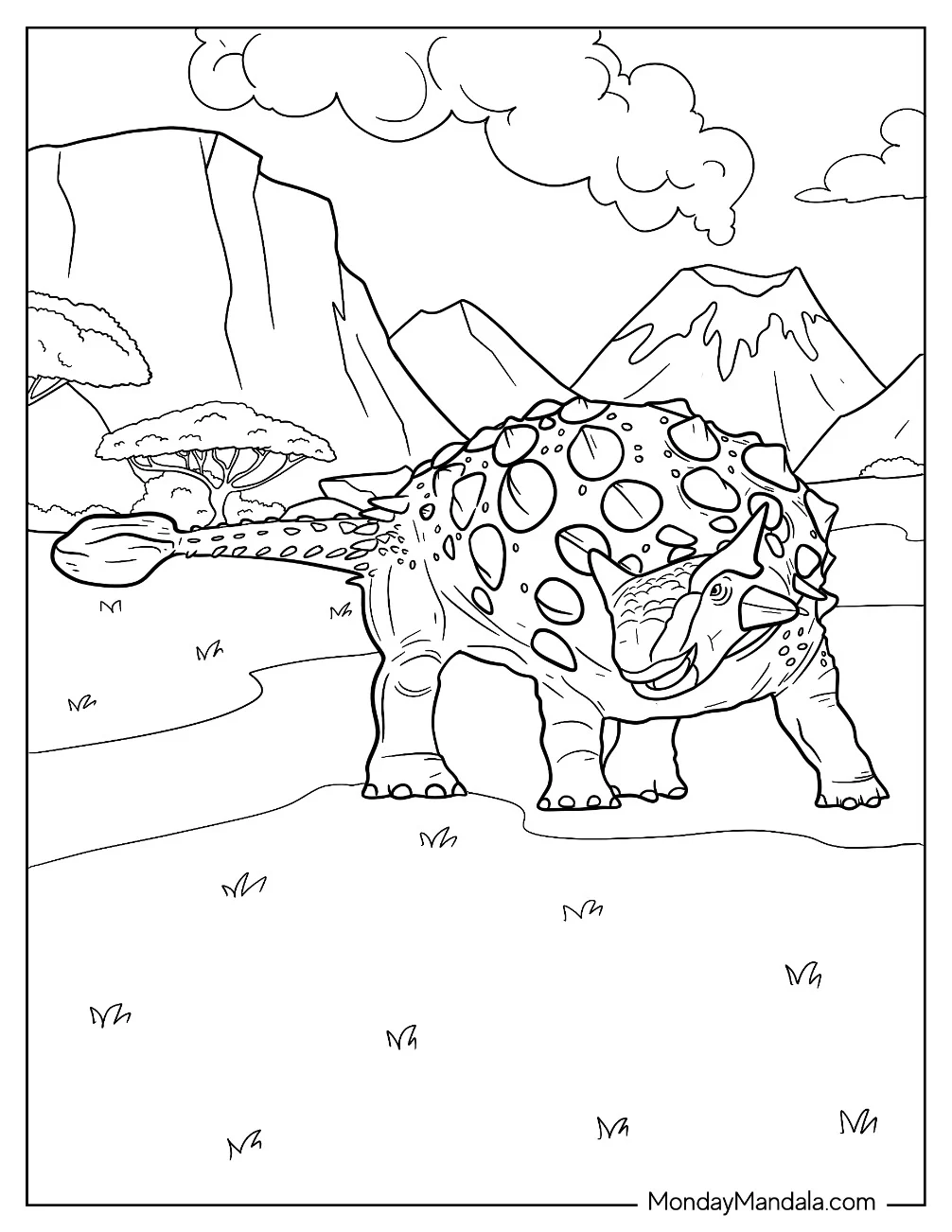 Ankylosaurus Coloring Page Walking In Front Of A Volcano coloring page