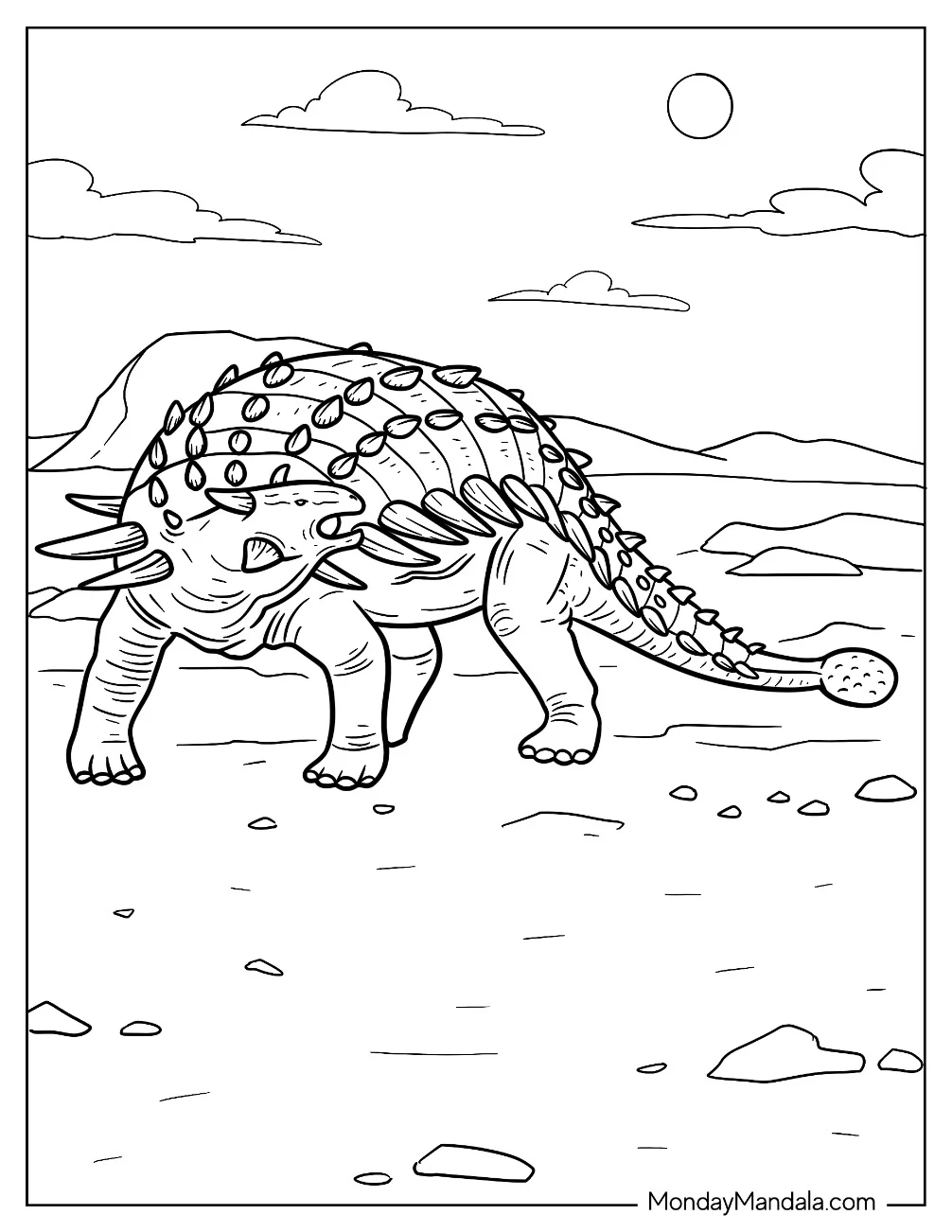 Ankylosaurus Coloring Page Walking On A Rocky Terrain coloring page — printable line art