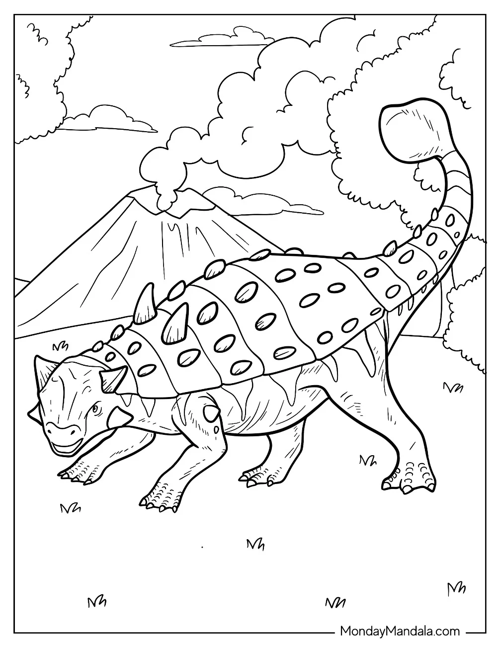 Ankylosaurus Coloring Page With Volcano In The Background coloring page