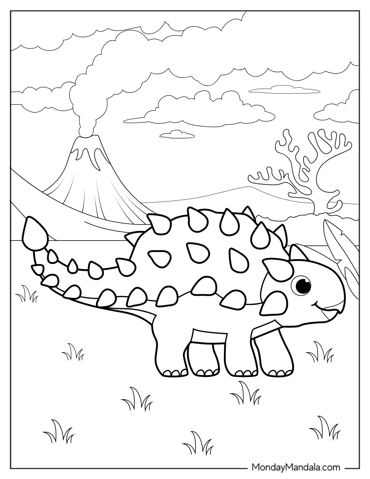 Cute Chibi Ankylosaurus Coloring Page With Volcano For Preschoolers coloring page