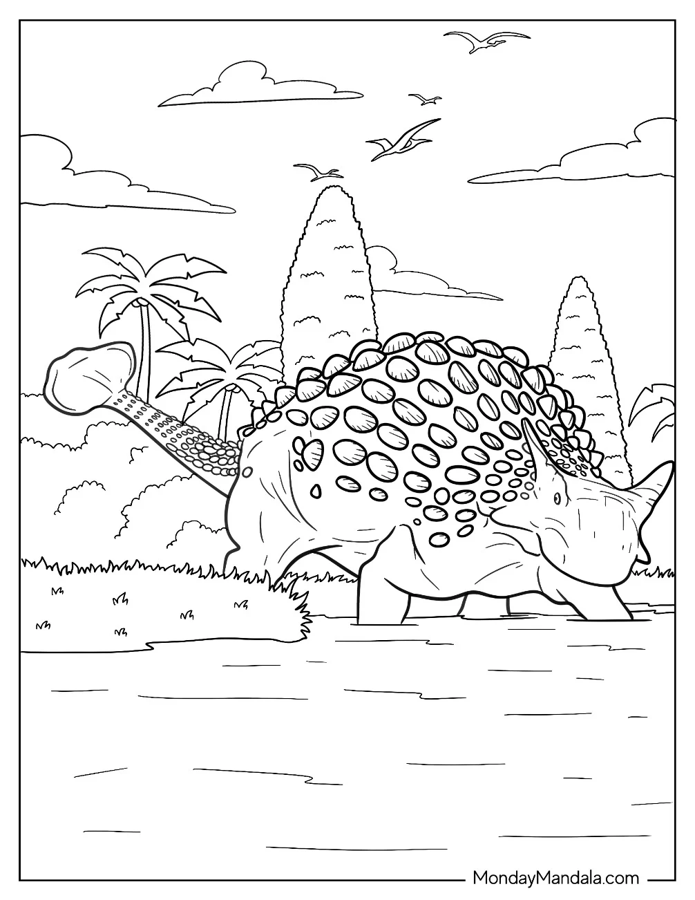 Large Ankylosaurus Coloring Page Entering A River coloring page