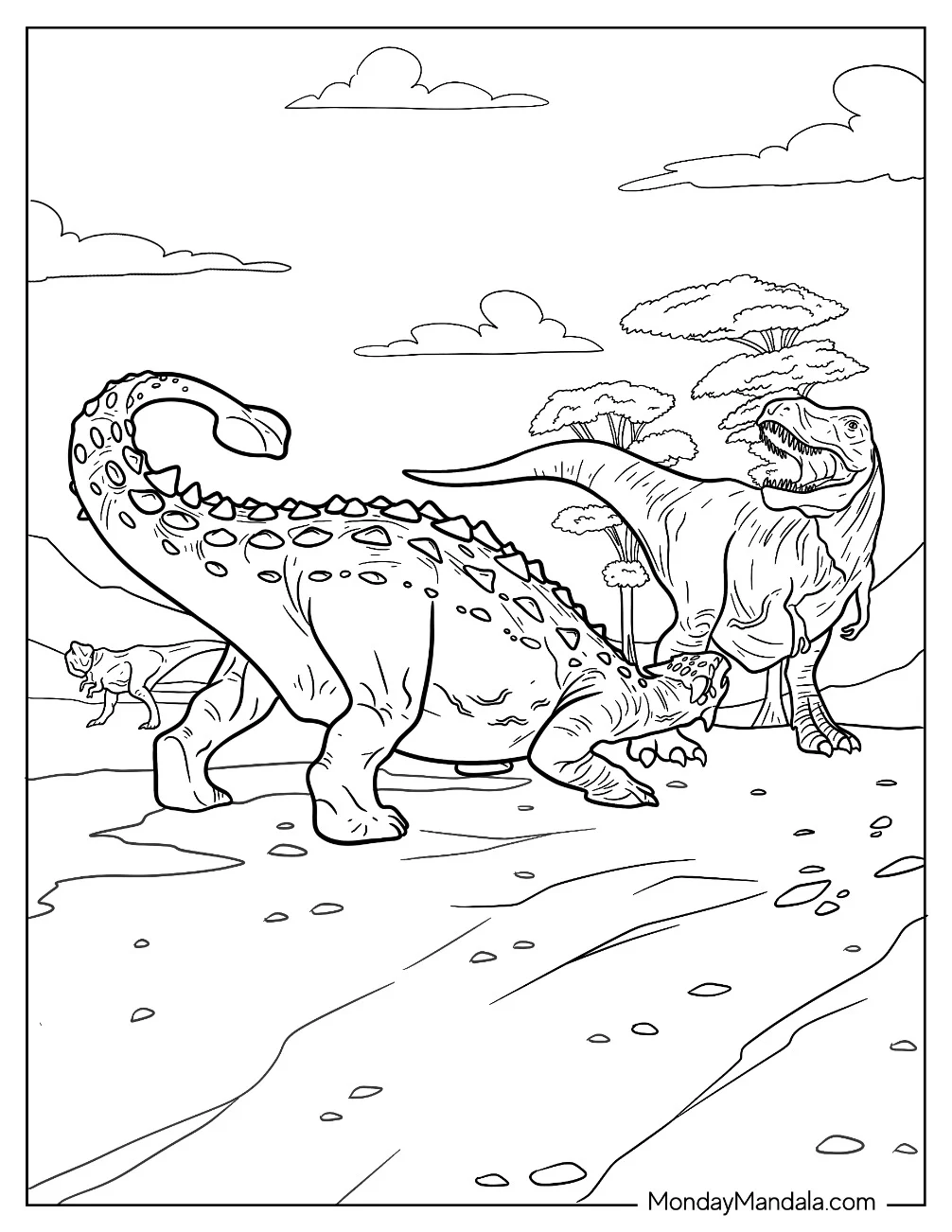 Realistic Ankylosaurus Coloring Page Fighting T-Rex coloring page