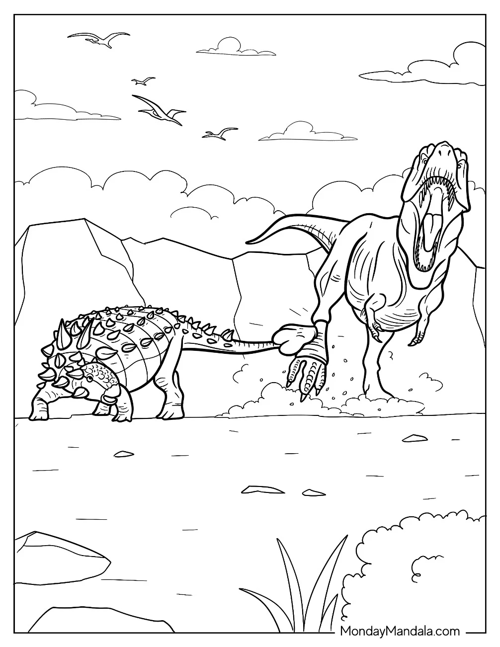 T Rex Chasing An Ankylosaurus Coloring Page coloring page — printable line art