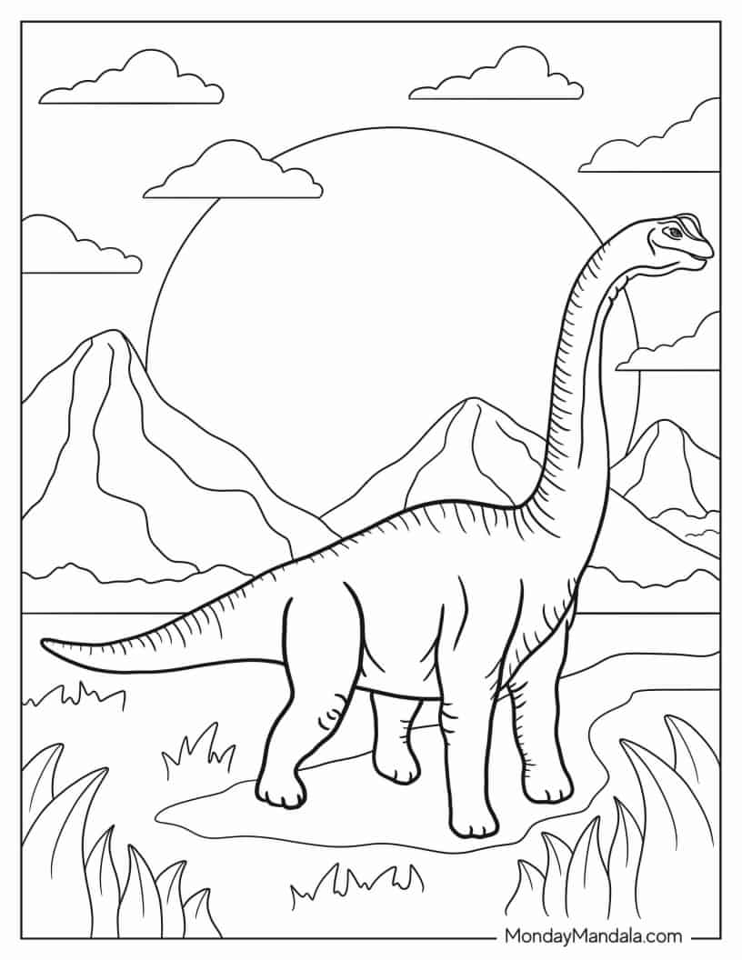 Adult Brachiosaurus At Sunset coloring page — printable line art