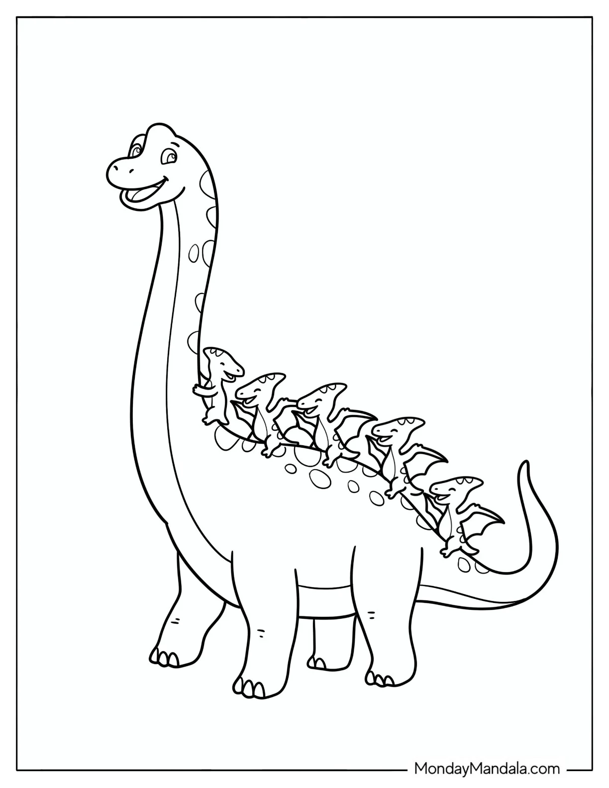 Brachiosaurus Carrying Baby Dinosaurs on Its Back Coloring Sheet coloring page — printable line art