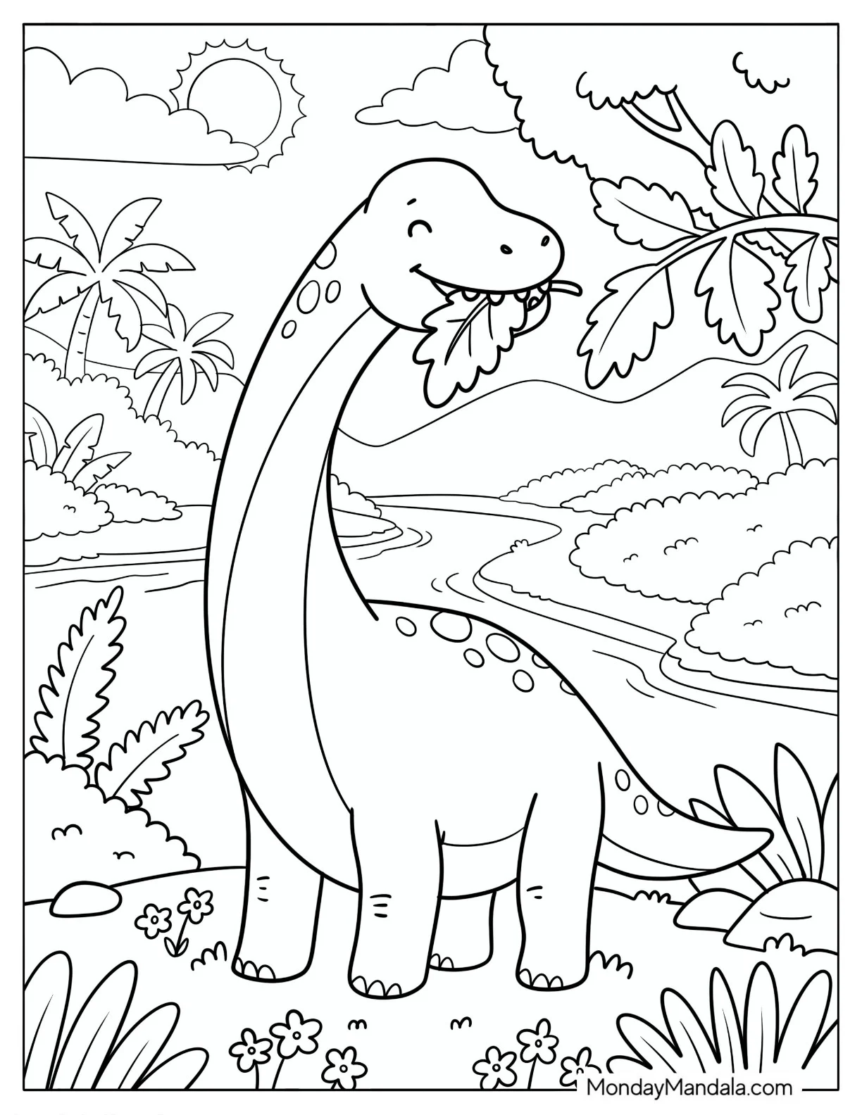 Brachiosaurus Eating Leaves Beside a Prehistoric River Coloring Page for Kids coloring page