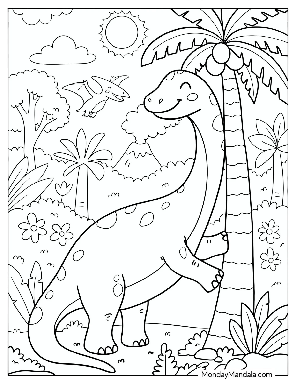 Brachiosaurus Eating Leaves from a Palm Tree Coloring Page for Kids coloring page