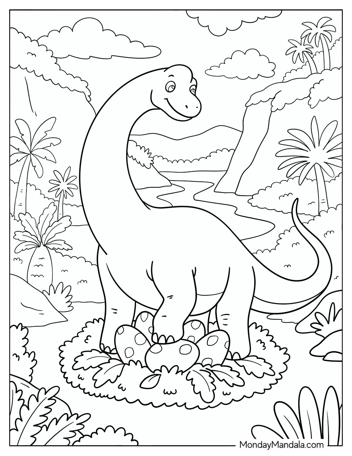 Brachiosaurus Guarding a Nest of Eggs Beside a River Coloring Page coloring page — printable line art