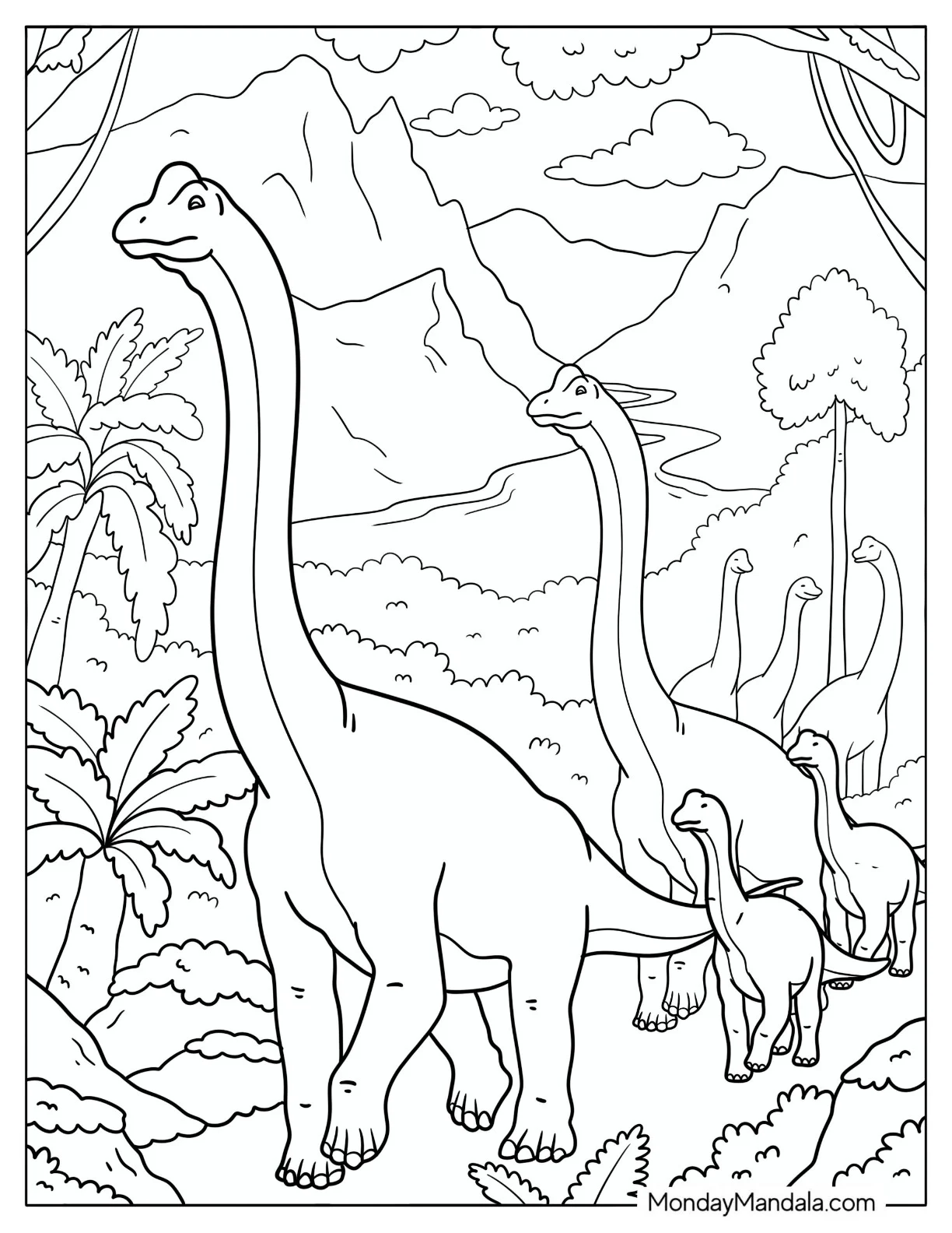 Brachiosaurus Herd Walking Through a Prehistoric Mountain Valley Coloring Page coloring page