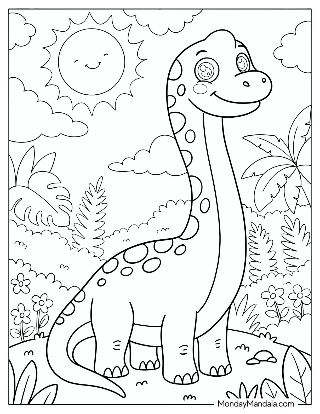 Brachiosaurus Standing in a Sunny Jungle Coloring Page for Kids coloring page — printable line art
