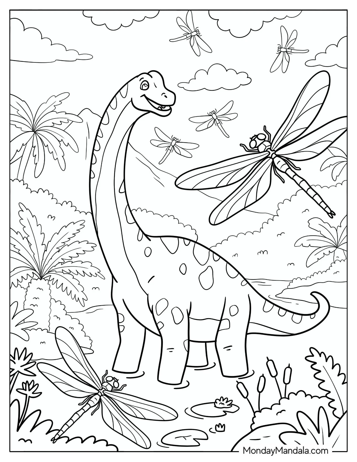 Brachiosaurus Surrounded by Dragonflies in a Tropical Wetland Coloring Page coloring page