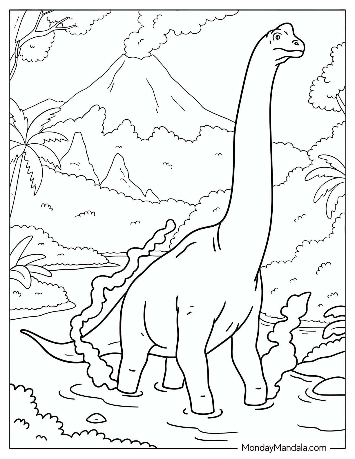 Brachiosaurus Wading Through a Volcanic River Coloring Page coloring page — printable line art