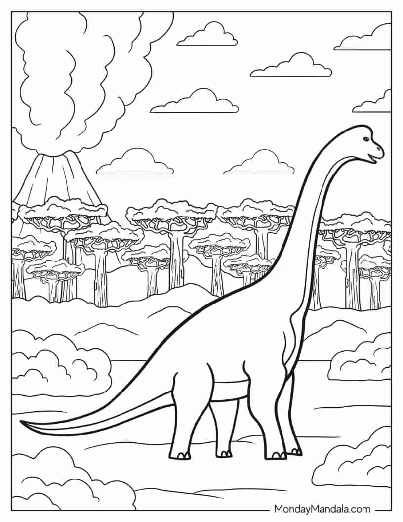 Brachiosaurus Walking Away From Volcanic Eruption coloring page — printable line art