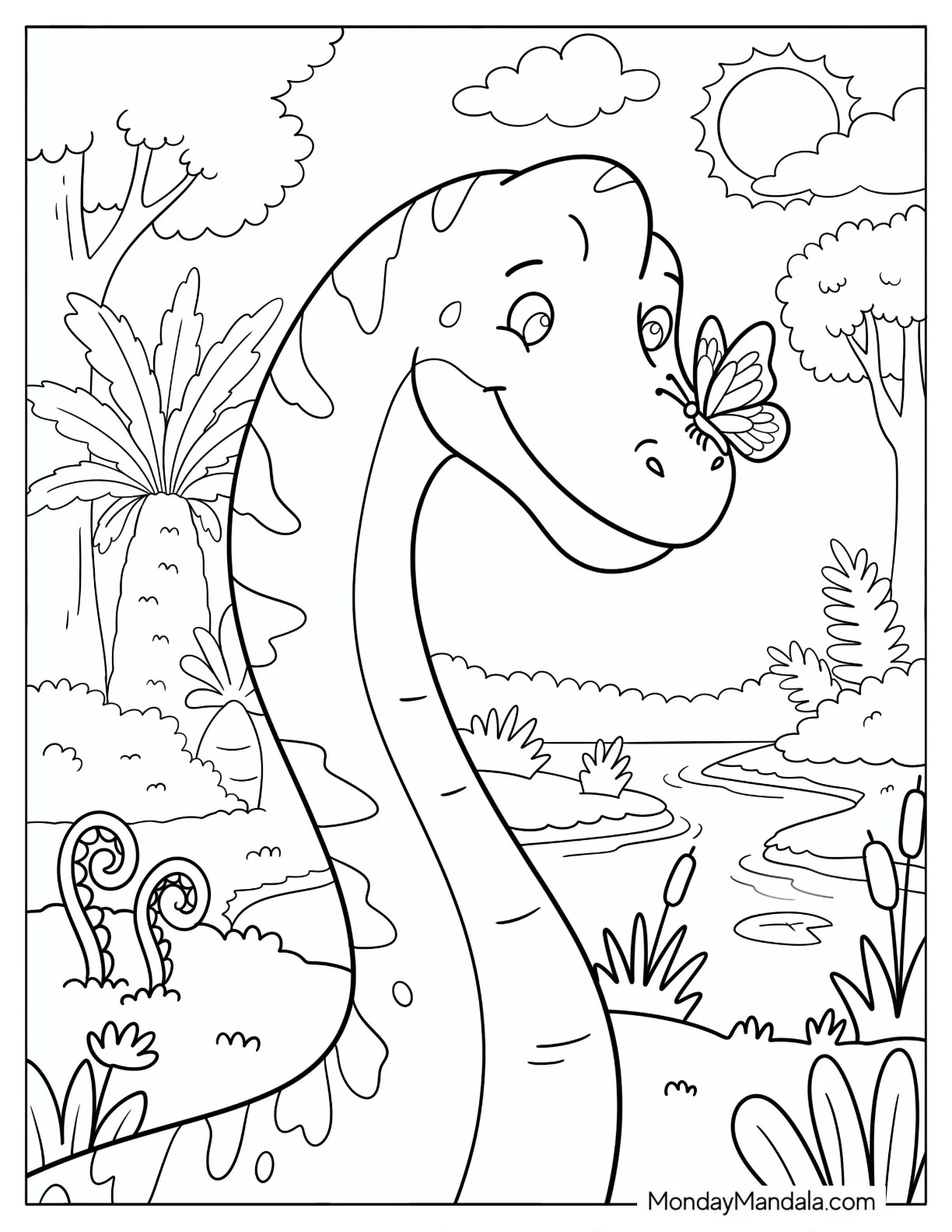 Brachiosaurus Watching a Butterfly Beside a Prehistoric Stream coloring page — printable line art