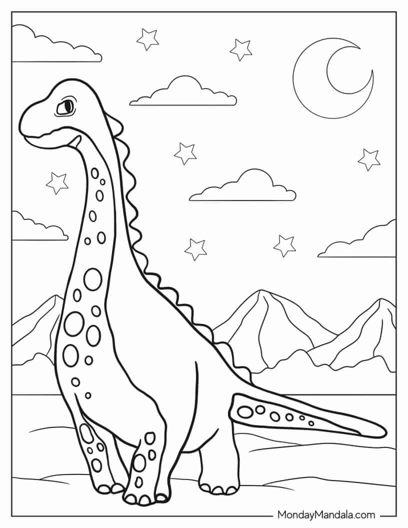 Cartoon Brachiosaurus At Night coloring page — printable line art