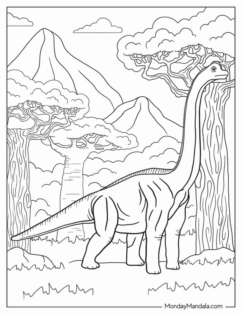 Detailed Coloring Page Of Brachiosaurus In Forest coloring page — printable line art