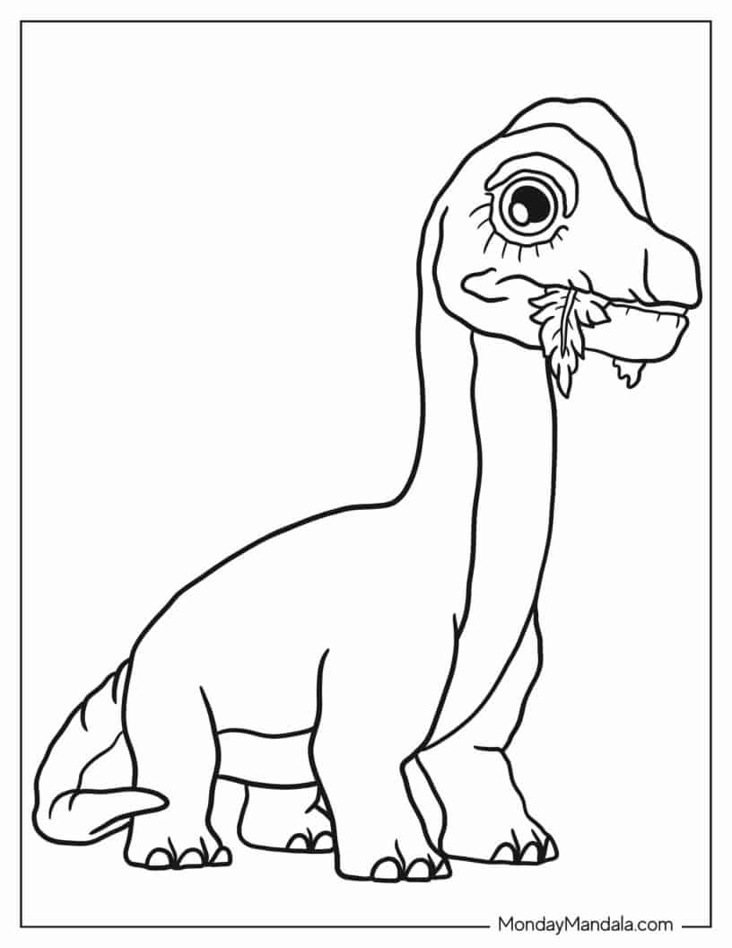 Easy Outline Of Brachiosaurus Eating Coloring In For Kids coloring page — printable line art