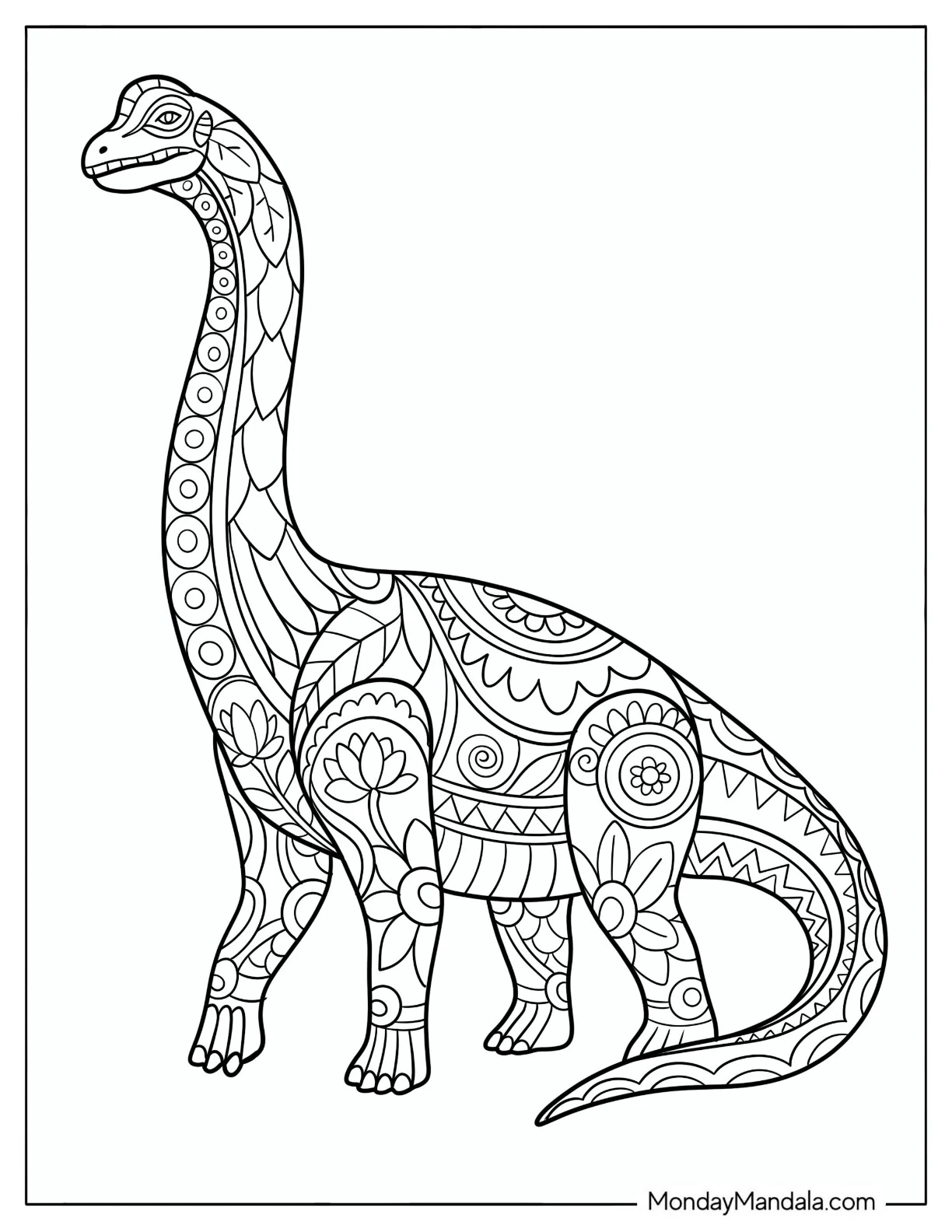 Intricate Floral Brachiosaurus Mandala coloring page