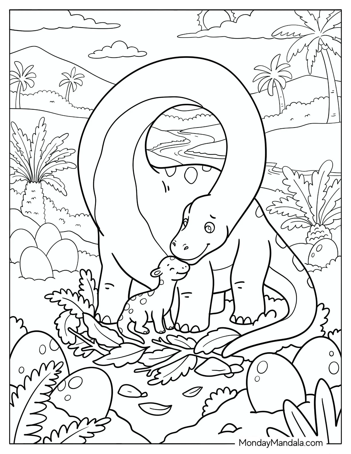 Mother Brachiosaurus Nuzzling Her Baby Near a Nest of Eggs Coloring Page coloring page