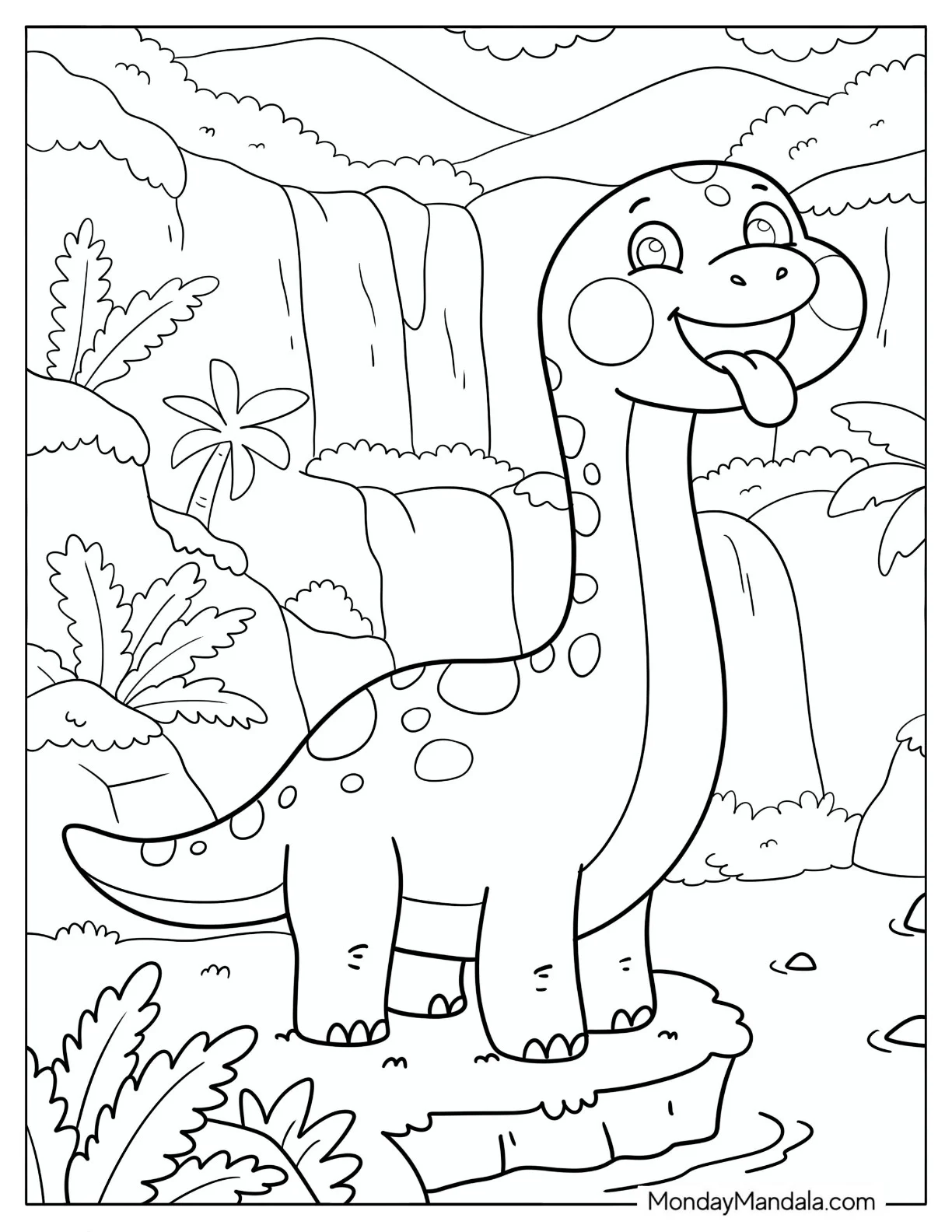 Playful Brachiosaurus Standing Beside a Waterfall Coloring Page for Kids coloring page