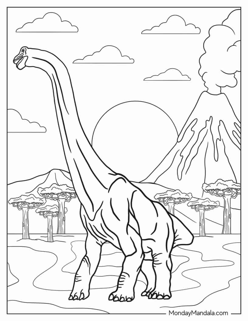 Realistic Brachiosaurus During Volcanic Eruption coloring page — printable line art