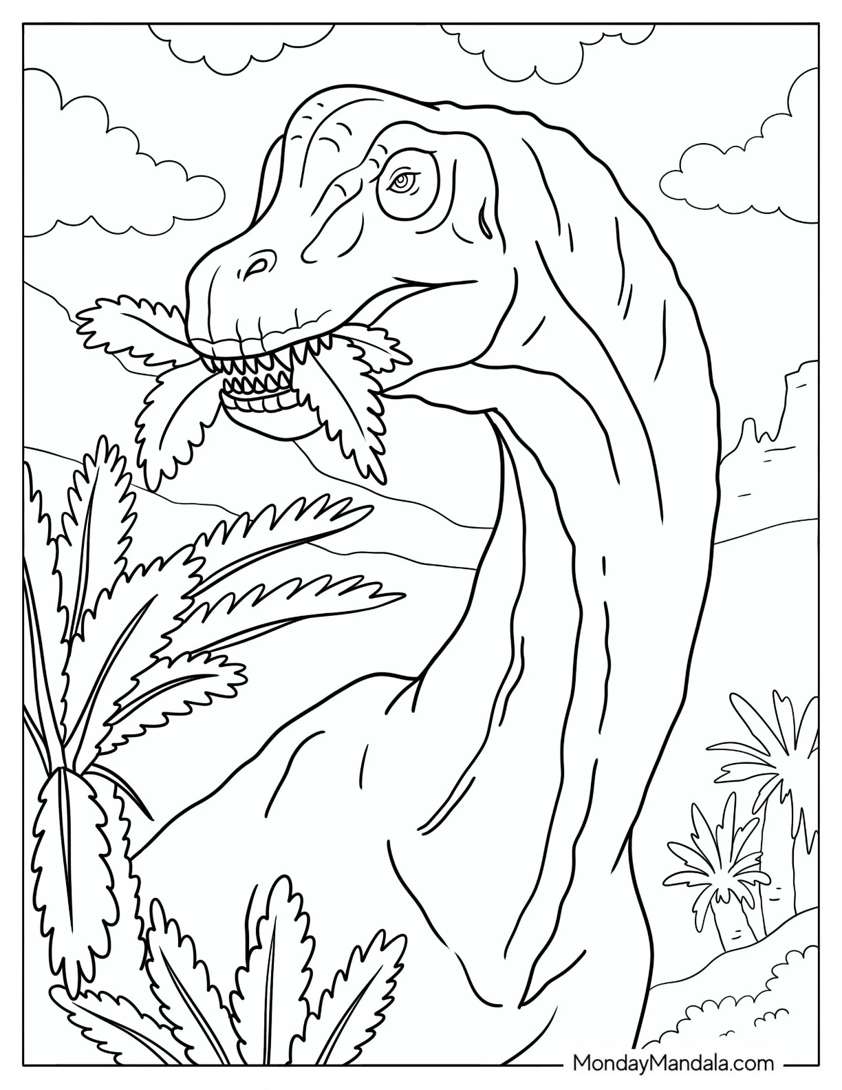 Realistic Brachiosaurus Eating Fern Leaves Coloring Page coloring page