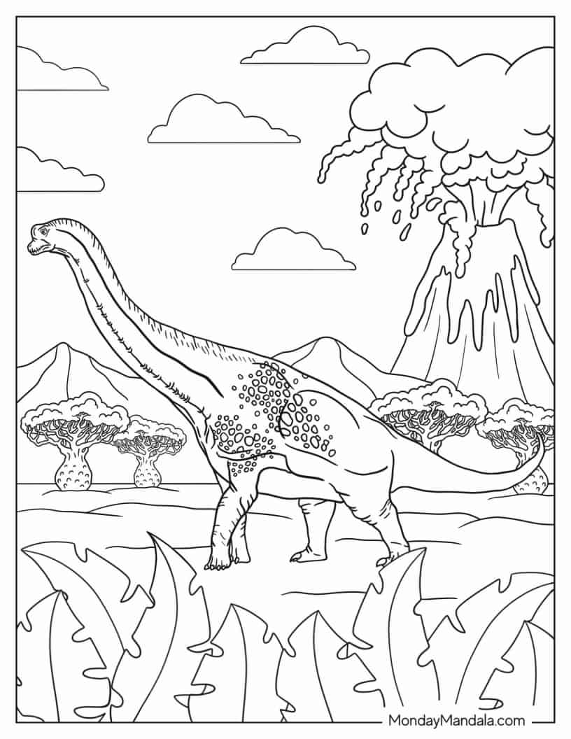Realistic Brachiosaurus Escaping Lava Coloring In coloring page