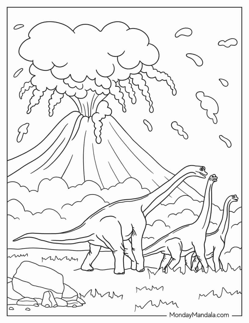 Three Brachiosaurus Running Away From Volcano coloring page