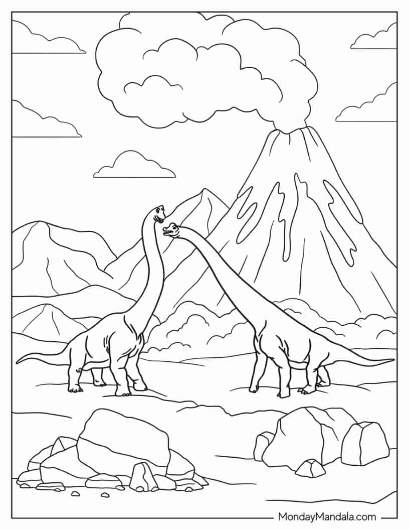 Two Brachiosaurus Fighting In Front Of Smoking Volcano coloring page