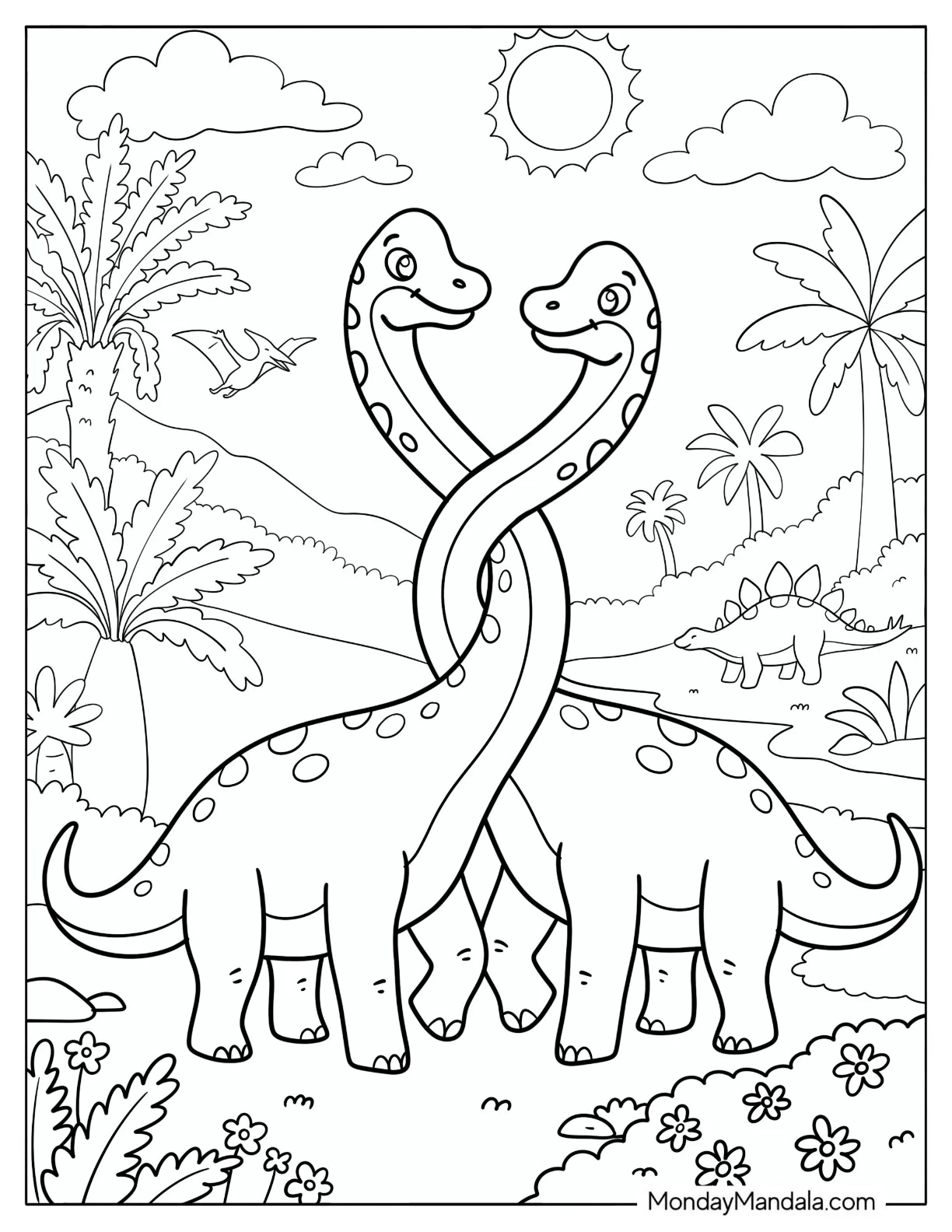 Two Brachiosaurus Forming a Heart with Their Necks Coloring Page coloring page
